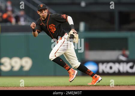 May 07 2022 San Francisco CA, U.S.A. San Francisco shortstop Mauricio Dubon  (1) makes an infield play during MLB game between the St. Louis Cardinals  and the San Francisco Giants. The Giants