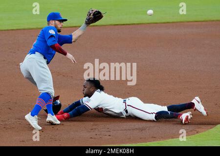 Atlanta, GA, USA. 04th July, 2019. Atlanta Braves infielder Ozzie Albies  (left) celebrates with outfielder Ronald Acu-a Jr. (right) after winning a  MLB game against the Philadelphia Phillies at SunTrust Park in