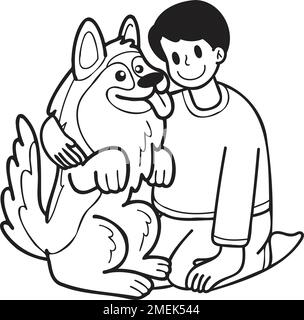 Hand Drawn owner hugs German Shepherd Dog illustration in doodle style isolated on background Stock Vector