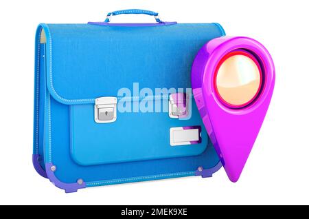 Map pointer with schoolbag. 3D rendering isolated on white background ...