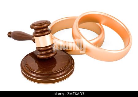 Wooden gavel with wedding rings, 3D rendering isolated on white background Stock Photo