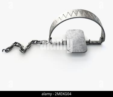 A metal animal trap that is open attached to the ground with a metal chain  on an isolated background Stock Photo - Alamy