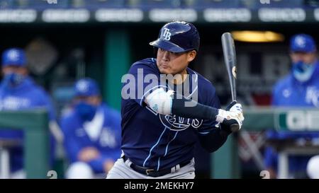 KANSAS CITY, MO - APRIL 21: Tampa Bay Rays left fielder Yoshi Tsutsugo (25)  bats in the first inning of an MLB game between the Tampa Bay Rays and  Kansas City Royals