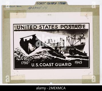 Coast Guard Stamp. The United States postage stamp honoring the achievements of the United States Coast Guard in World War II, will be issued on November 10, 1945. The stamp will be placed on sale first at the Sub-Treasury Building, New York City, where Alexander Hamilton made his speech recommending the establishment of the Coast Guard, or Revenue Marine, as it was then known. Note: This stamp was designed by 26-year-old Coast Guard combat artist Ken Riley, of Parsons, Kansas. Stock Photo