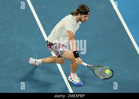 Melbourne, Australia. 24th Jan, 2023. Stefanos Tsitsipas of Greece in action against Jiri Lehecka of Czech Republic in the Quarter Final match, Day 9 at the Australian Open Tennis 2023 at Rod Laver Arena, Melbourne, Australia on 24 January 2023. Photo by Peter Dovgan. Editorial use only, license required for commercial use. No use in betting, games or a single club/league/player publications. Credit: UK Sports Pics Ltd/Alamy Live News Stock Photo