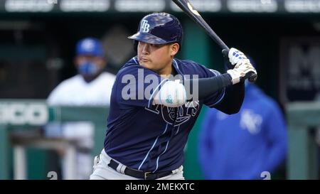 KANSAS CITY, MO - APRIL 21: Tampa Bay Rays left fielder Yoshi Tsutsugo (25)  bats in the first inning of an MLB game between the Tampa Bay Rays and  Kansas City Royals