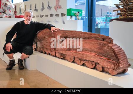 London, UK. 24th Jan, 2023. David Mach with Darlington Train Maquette, 1997-2020. Scottish sculptor David Mach returns to London to showcase monumental pieces in his exhibition Heavy Metal, displayed with Pangolin London until 25th March 2023. Credit: Imageplotter/Alamy Live News Stock Photo