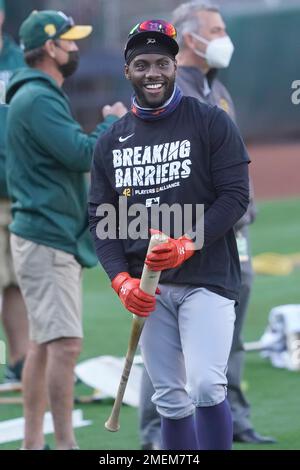 Detroit Tigers' Akil Baddoo wears a shirt to honor Jackie Robinson