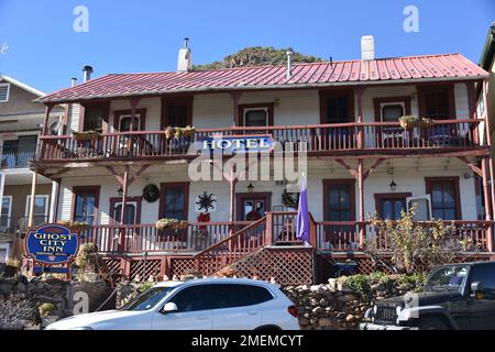 Jerome, AZ. U.S.A. May 18, 2018. A National Historical Landmark 1967, Jerome’s Cleopatra hill tunnel/open pit copper mining boom 1890s to bust 1950s. Stock Photo