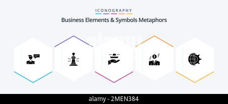 Business Elements And Symbols Metaphors 25 Glyph icon pack including man. businessman. king. dinner. serve Stock Vector