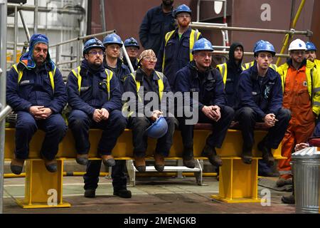 Workers Look On As The First Cut Of Steel For The Royal Navy Frigate ...