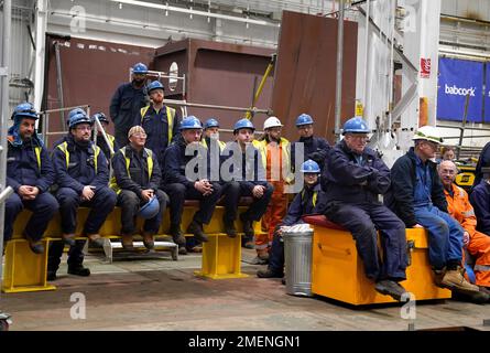 Workers Look On As The First Cut Of Steel For The Royal Navy Frigate ...