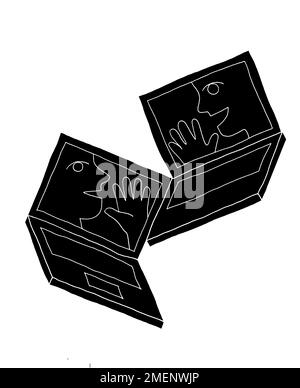 Black and white illustration of two laptops with faces superimposed on the screens Stock Photo