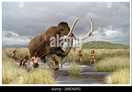 Hunting scene with seven hunters and a wooly mammoth Stock Photo