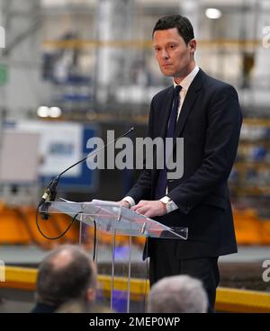 Alex Chalk, Minister for Defence Procurement makes a speech ahead of the first cut of steel for the Royal Navy frigate, HMS Active, the Royal Navy's second in class Type 31 frigate is made at Babcock International at Rosyth Dockyard on the Firth of Forth at Rosyth, Fife. Picture date: Tuesday January 24, 2023. Stock Photo