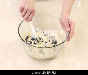 Making Lemon and Blueberry Muffins, mixing blueberries in with batter Stock Photo