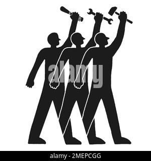 One man carrying a scroll and two men carrying tools of trade with raised hands - rights of workers Stock Photo