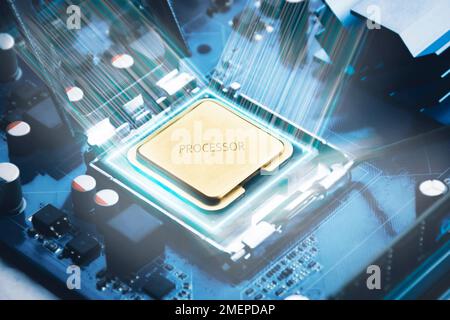 Golden CPU chip in a slot on a computer motherboard and glowing light around the processor chip, computer technology parts concept Stock Photo