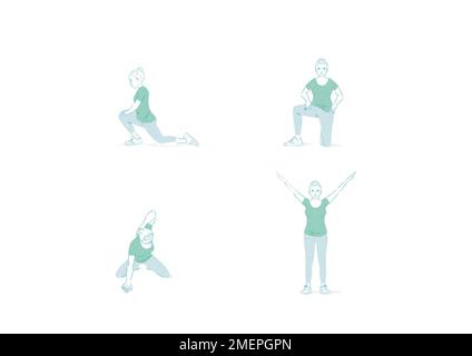 Natural Menopause; hand drawn illustration woman exercise warmup Stock Photo