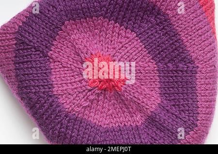 Top of striped rowan pure wool hat, close-up Stock Photo
