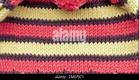 Striped rhubarb tea cosy, close-up Stock Photo