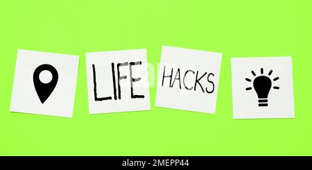 Sign displaying Life Hacks. Word Written on Strategy technique to manage daily activities more efficiently Stock Photo