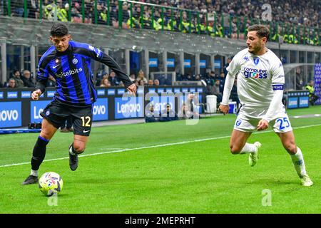 Milano, Italy. 23rd, January 2023. Raoul Bellanova (12) of Inter and Filippo Bandinelli (25) of Empoli seen in the Serie A match between Inter and Empoli at Giuseppe Meazza in Milano. (Photo credit: Gonzales Photo - Tommaso Fimiano). Stock Photo