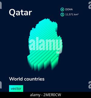 Qatar 3D map. Stylized neon simple digital isometric striped vector Map of Qatar is in green colors Stock Vector