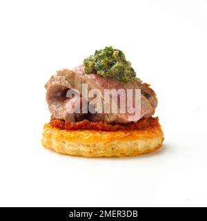 Grilled beef croute with salsa verde, canape Stock Photo