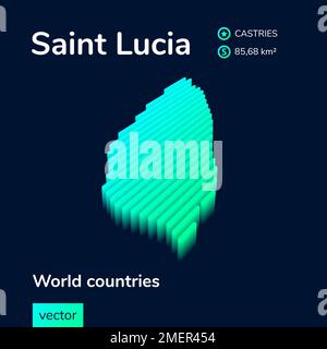 Saint Lucia 3D map. Stylized neon isometric striped vector Map in green colors on blue background Stock Vector