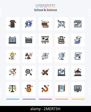 Creative School And Science 25 Line FIlled icon pack  Such As calendar. research. books. test tubes. flask Stock Vector