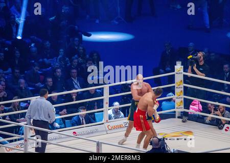 11-28-2015Dusseldorf, Germany. Tyson Fury seems to have hit Klitschko with a right straight and is looking at whether it is worth going to continue th Stock Photo