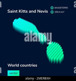 Stylized striped vector neon 3D map of Saint Kitts and Nevis is in green colors on blue background. Stock Vector