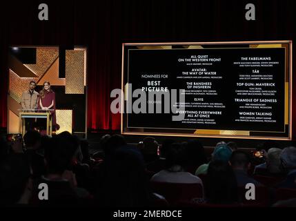 Los Angeles, USA. 24th Jan, 2023. (L-R) Riz Ahmed and Allison Williams announced the nominees for BEST PICTURE at the 95th Oscars Nominations Announcement held at the Samuel Goldwyn Theater in Beverly Hills, CA on Tuesday, ?January 24, 2023. (Photo By Sthanlee B. Mirador/Sipa USA) Credit: Sipa USA/Alamy Live News Stock Photo