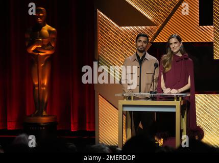 Los Angeles, USA. 24th Jan, 2023. (L-R) Riz Ahmed and Allison Williams announced the nominations at the 95th Oscars Nominations Announcement held at the Samuel Goldwyn Theater in Beverly Hills, CA on Tuesday, ?January 24, 2023. (Photo By Sthanlee B. Mirador/Sipa USA) Credit: Sipa USA/Alamy Live News Stock Photo