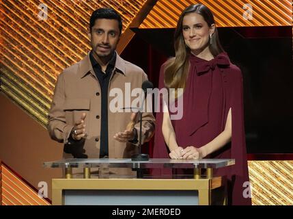 Los Angeles, USA. 24th Jan, 2023. (L-R) Riz Ahmed and Allison Williams announced the nominations at the 95th Oscars Nominations Announcement held at the Samuel Goldwyn Theater in Beverly Hills, CA on Tuesday, ?January 24, 2023. (Photo By Sthanlee B. Mirador/Sipa USA) Credit: Sipa USA/Alamy Live News Stock Photo