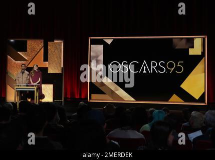 Los Angeles, USA. 24th Jan, 2023. (L-R) Riz Ahmed and Allison Williams announced the nominations at the 95th Oscars Nominations Announcement held at the Samuel Goldwyn Theater in Beverly Hills, CA on Tuesday, ?January 24, 2023. (Photo By Sthanlee B. Mirador/Sipa USA) Credit: Sipa USA/Alamy Live News Stock Photo