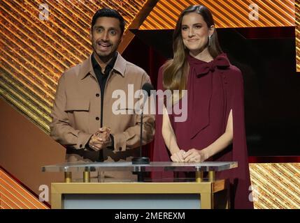 Los Angeles, USA. 24th Jan, 2023. (L-R) Riz Ahmed and Allison Williams announced the nominations at the 95th Oscars Nominations Announcement held at the Samuel Goldwyn Theater in Beverly Hills, CA on Tuesday, ?January 24, 2023. (Photo By Sthanlee B. Mirador/Sipa USA) Credit: Sipa USA/Alamy Live News Stock Photo