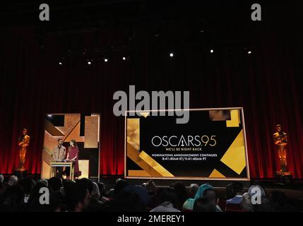 Los Angeles, USA. 24th Jan, 2023. (L-R) Riz Ahmed and Allison Williams announced the nominations at the 95th Oscars Nominations Announcement held at the Samuel Goldwyn Theater in Beverly Hills, CA on Tuesday, ?January 24, 2023. (Photo By Sthanlee B. Mirador/Sipa USA) Credit: Sipa USA/Alamy Live News Stock Photo