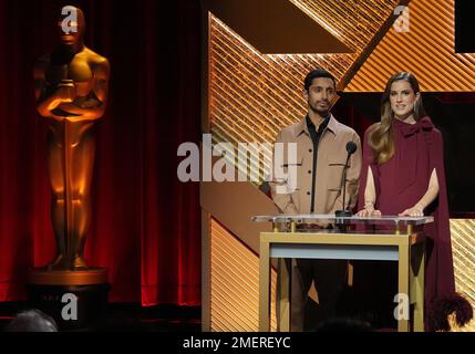 Los Angeles, USA. 24th Jan, 2023. (L-R) Riz Ahmed and Allison Williams announced the nominations at the 95th Oscars Nominations Announcement held at the Samuel Goldwyn Theater in Beverly Hills, CA on Tuesday, ?January 24, 2023. (Photo By Sthanlee B. Mirador/Sipa USA) Credit: Sipa USA/Alamy Live News Stock Photo