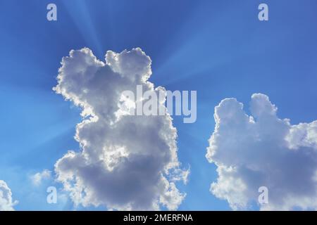 A blue sky with fluffy cloud formations in shades of grey and white is illuminated by dramatic and inspiring sunbeams. Stock Photo
