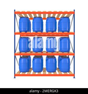 blue plastic water barrels on warehouse shelving storage on white background 3d rendering Stock Photo