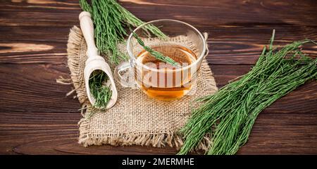 cup of tea from horsetail, made from fresh potion, from pharmacy mortar. Horsetail infusions are used as diuretic for edema Stock Photo