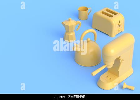 Kettle, toaster, coffee machine horn and geyser coffee maker on monochrome background. 3d render kitchen appliances making breakfast with latte coffee Stock Photo