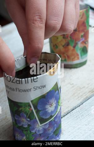 Making a seed pot made of newspaper Stock Photo