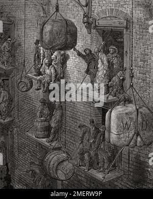 A warehouse in 19th century London.  After an illustration by Gustave Doré in the 1890 American edition of London: A Pilgrimage written by Blanchard Jerrold and illustrated by Gustave Doré. Stock Photo