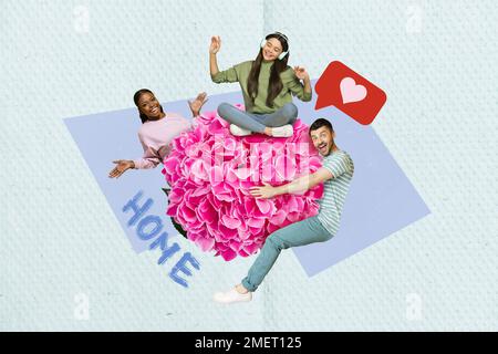 Creative 3d collage photo poster postcard artwork of positive three people have fun good mood isolated on painting background Stock Photo