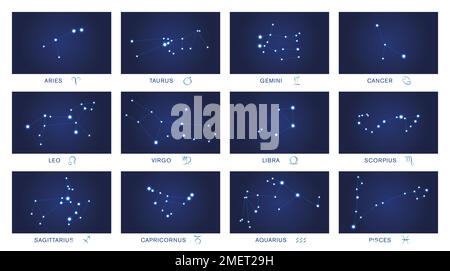 Constellations of the twelve signs of the zodiac on the celestial sphere - visible stars in the night sky forming figures connected with lines. Stock Photo