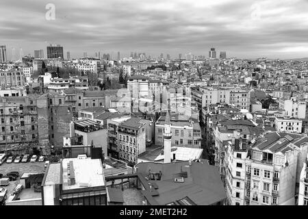 Panoramic view of minaret and sea of houses from the Galata Tower, monochrome, Beyoglu district, Istanbul, Turkey Stock Photo