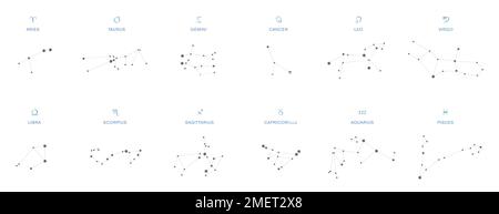 Constellations, astronomical patterns representing the twelve astrological symbols. Signs of the zodiac on the celestial sphere, visible stars. Stock Photo